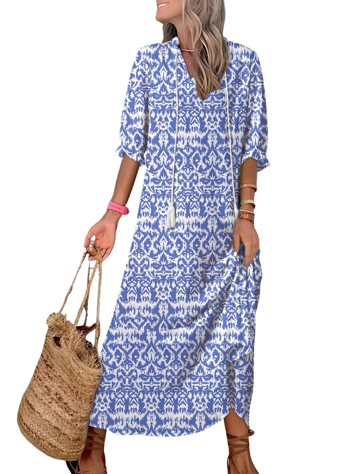 Dokotoo Womens Boho Dresses 2024 Short Sleeve Long Dress Ruffle A Line Hawaiian Dresses Tassel V Neck Maxi Dresses for Wedding Guest Casual Beach Vacation Dress XX-Large Sky Blue