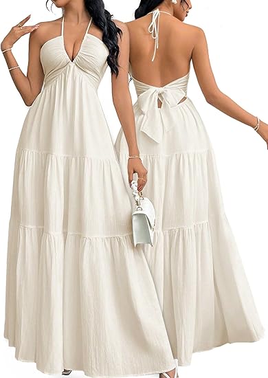 Narecte Women's Maxi Summer Dresses Halter V Neck Beach Dresses for Women A-Line Casual Dress for Vacation