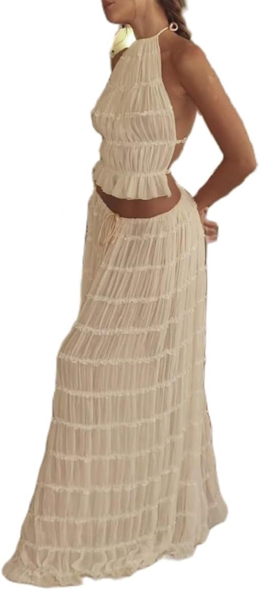 Women Y2K Skirt Set Outfits Strapless Crop Top Bodycon Midi Skirt Dress Sexy 2 Piece Knit Outfits Skirt Summer
