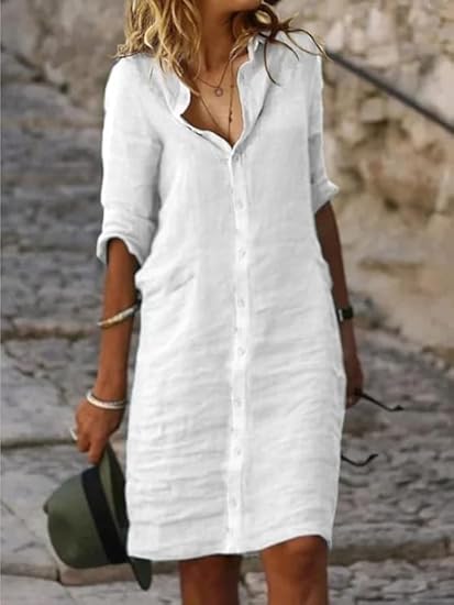 Fronage Women's Summer Midi Shirt Dresses Button Down 1/2 Sleeve Lapel Casual Cotton Linen Dress
