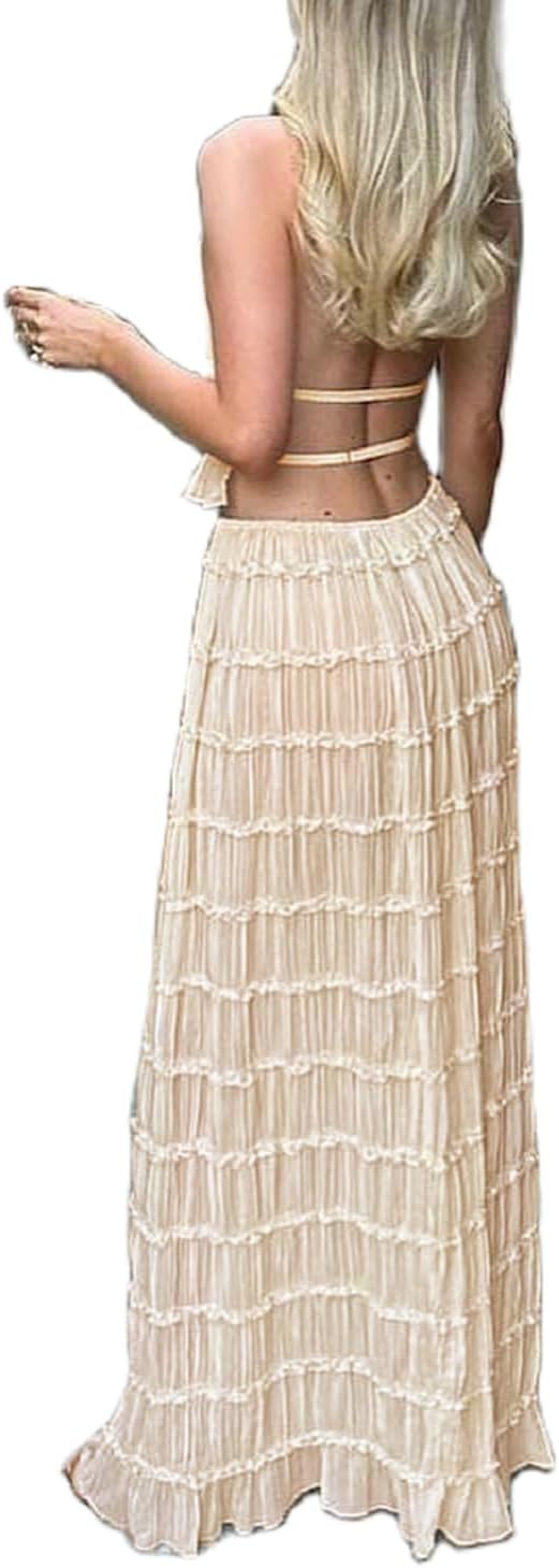 Women Y2K Skirt Set Outfits Strapless Crop Top Bodycon Midi Skirt Dress Sexy 2 Piece Knit Outfits Skirt Summer