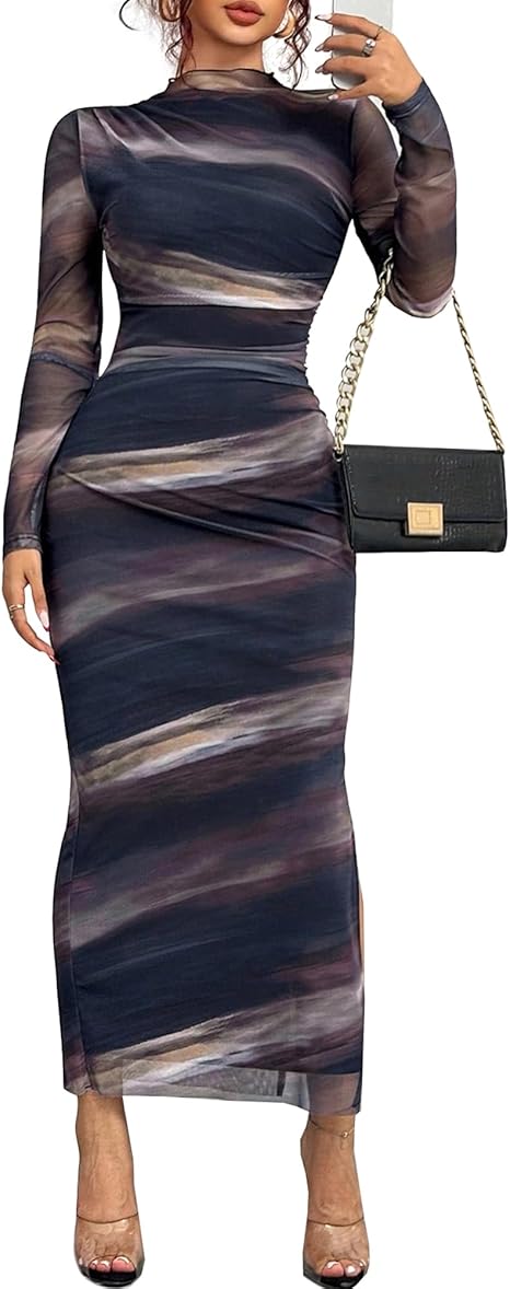 MOEENCN Women Sheer Mesh Bodycon Maxi Dress Long Sleeve Birthday Outfits Ruched Tie Dye Cocktail Club Party Dresses