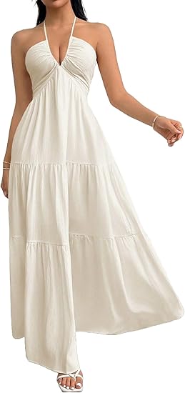 Narecte Women's Maxi Summer Dresses Halter V Neck Beach Dresses for Women A-Line Casual Dress for Vacation