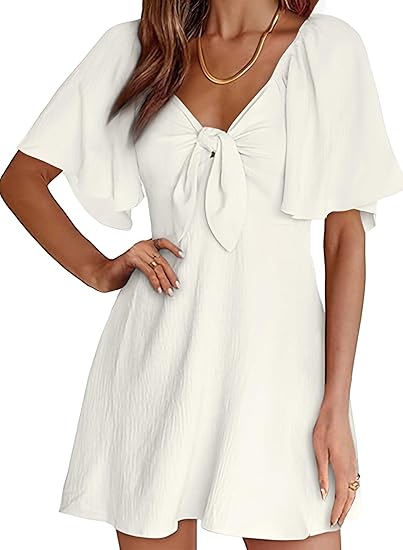 Dokotoo Womens Dresses 2025 Summer Fall Deep V Neck Elegant Bow tie Mini Dress S-XL