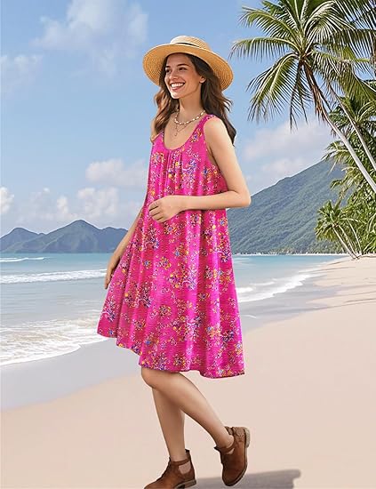 YESNO Summer Dresses for Women 2025 Casual Boho Floral Sundresses Sleeveless Scoop Neck Beach Tank Dresses EVS