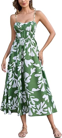 Yulaviniee Womens Summer Dresses Green Maxi Sundress A-Line Beach Dress with Prints and Thin Straps for Beach Vacation