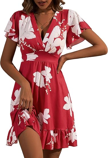TORARY Womens Summer Dresses 2025 Floral Cap Sleeve Wrap V Neck Ruffle A-Line Sun Dress