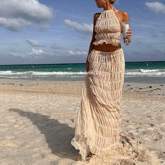 Women Y2K Skirt Set Outfits Strapless Crop Top Bodycon Midi Skirt Dress Sexy 2 Piece Knit Outfits Skirt Summer
