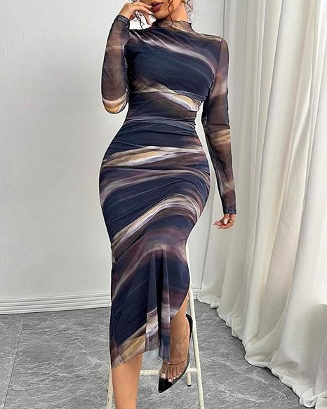 MOEENCN Women Sheer Mesh Bodycon Maxi Dress Long Sleeve Birthday Outfits Ruched Tie Dye Cocktail Club Party Dresses