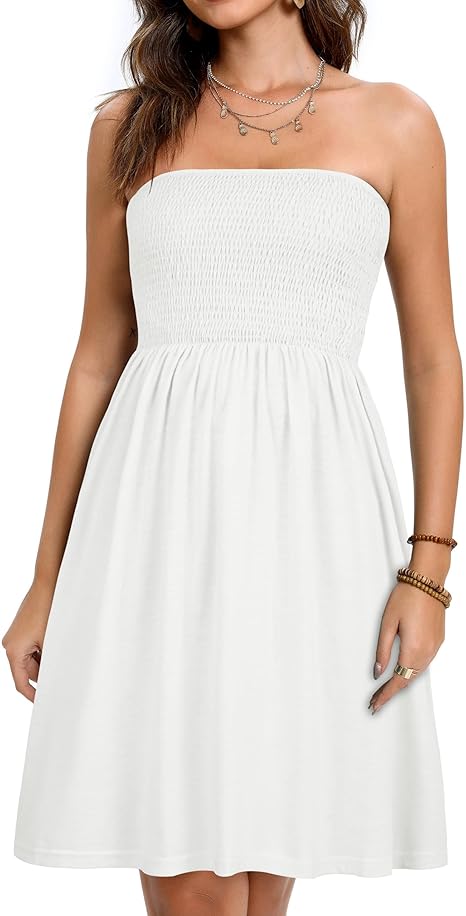 elescat Summer Dresses for Women Strapless Casual Beach Cover Ups Tube Top Sundress