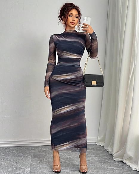 MOEENCN Women Sheer Mesh Bodycon Maxi Dress Long Sleeve Birthday Outfits Ruched Tie Dye Cocktail Club Party Dresses
