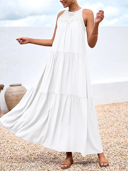 BTFBM Summer Halter Dresses for Women 2025 Casual Spring Hollow Out Sleeveless Boho Sundresses Beach Vacation Maxi Dress