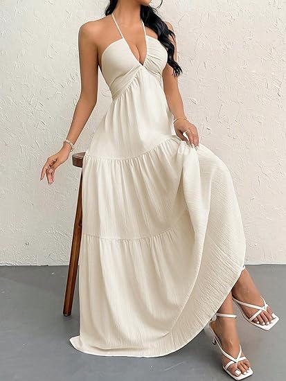 Narecte Women's Maxi Summer Dresses Halter V Neck Beach Dresses for Women A-Line Casual Dress for Vacation
