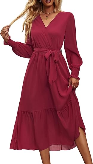 PRETTYGARDEN Women's Floral Boho Dress Fall Long Sleeve Wrap V Neck Ruffle Flowy Maxi Spring Wedding Guest Vacation Dresses