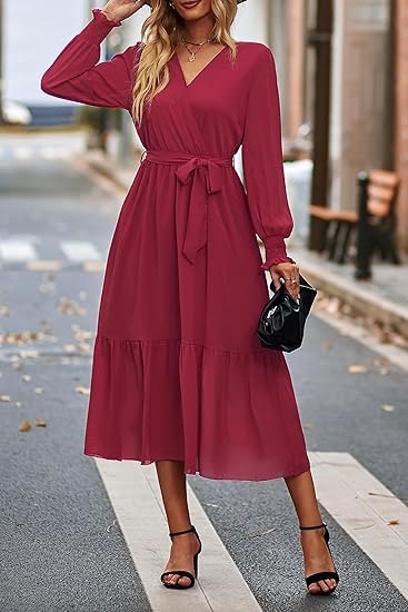 PRETTYGARDEN Women's Floral Boho Dress Fall Long Sleeve Wrap V Neck Ruffle Flowy Maxi Spring Wedding Guest Vacation Dresses