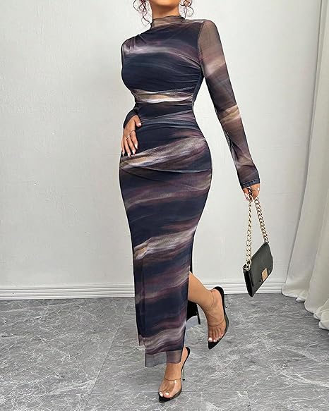 MOEENCN Women Sheer Mesh Bodycon Maxi Dress Long Sleeve Birthday Outfits Ruched Tie Dye Cocktail Club Party Dresses
