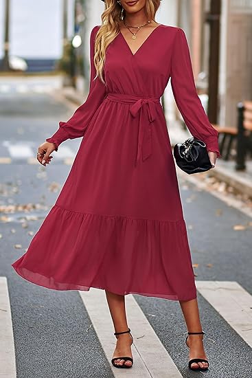 PRETTYGARDEN Women's Floral Boho Dress Fall Long Sleeve Wrap V Neck Ruffle Flowy Maxi Spring Wedding Guest Vacation Dresses