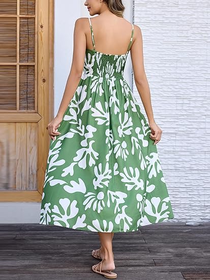 Yulaviniee Womens Summer Dresses Green Maxi Sundress A-Line Beach Dress with Prints and Thin Straps for Beach Vacation