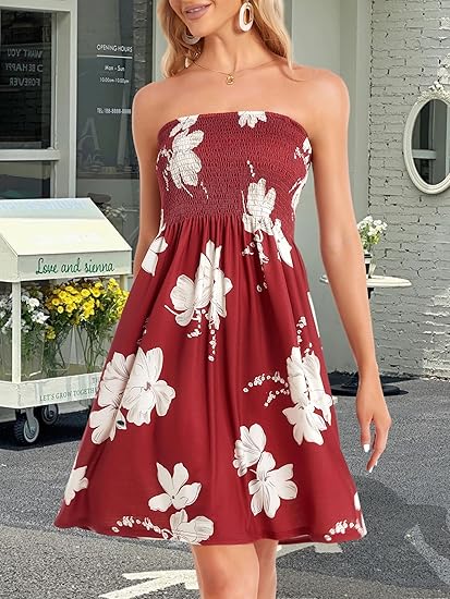 CHICGAL Summer Dresses for Women Beach Cover Ups Strapless Boho Floral Print Sundress