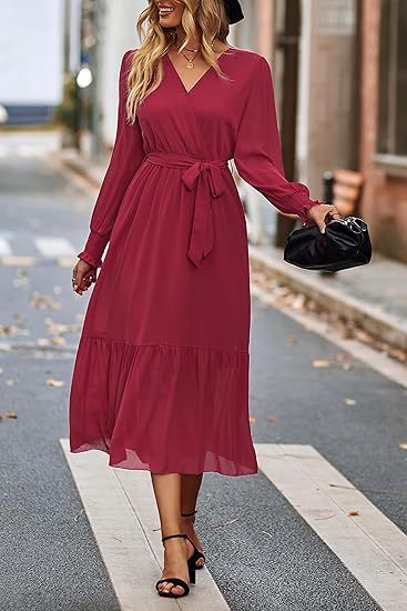 PRETTYGARDEN Women's Floral Boho Dress Fall Long Sleeve Wrap V Neck Ruffle Flowy Maxi Spring Wedding Guest Vacation Dresses