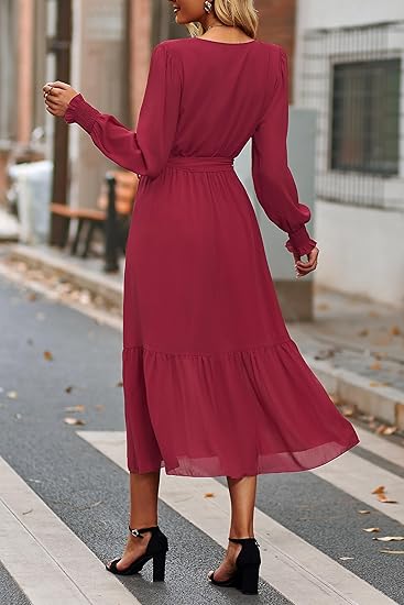 PRETTYGARDEN Women's Floral Boho Dress Fall Long Sleeve Wrap V Neck Ruffle Flowy Maxi Spring Wedding Guest Vacation Dresses