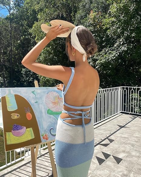 Yuemengxuan Women Sexy Backless Lace up Maxi Dress Elegant Spaghetti Strap Hollow Out Long Dress Party Streetwear