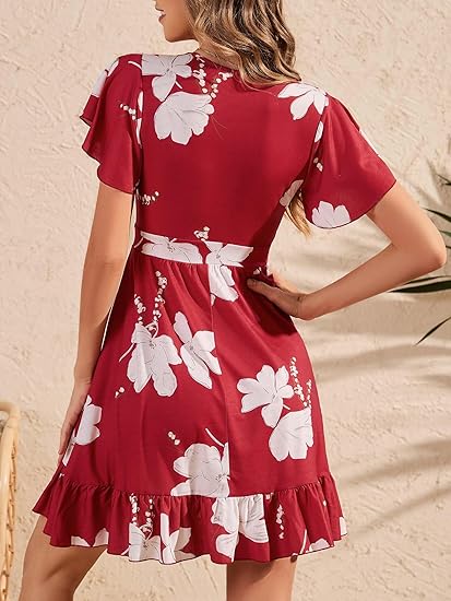 TORARY Womens Summer Dresses 2025 Floral Cap Sleeve Wrap V Neck Ruffle A-Line Sun Dress