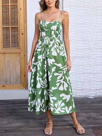 Yulaviniee Womens Summer Dresses Green Maxi Sundress A-Line Beach Dress with Prints and Thin Straps for Beach Vacation