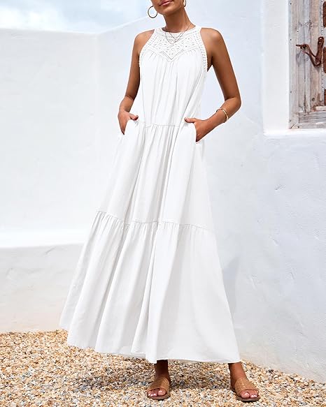 BTFBM Summer Halter Dresses for Women 2025 Casual Spring Hollow Out Sleeveless Boho Sundresses Beach Vacation Maxi Dress