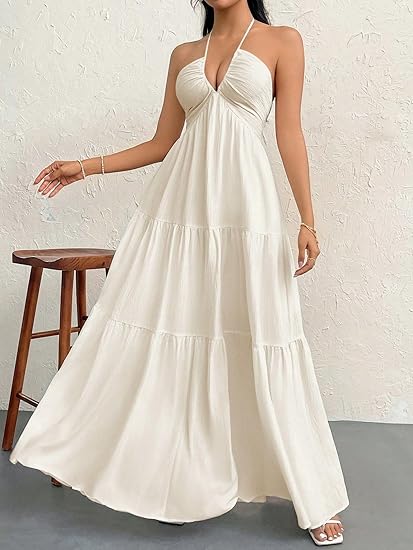 Narecte Women's Maxi Summer Dresses Halter V Neck Beach Dresses for Women A-Line Casual Dress for Vacation