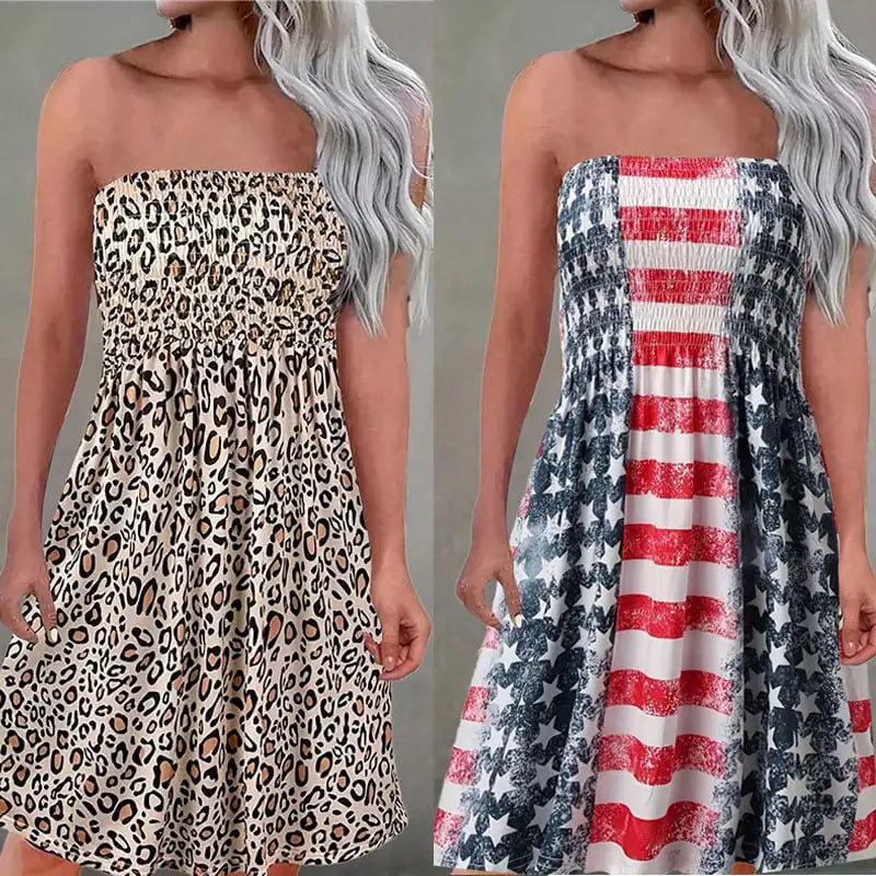 Printed Casual Vacation Dress with One Line Collar
