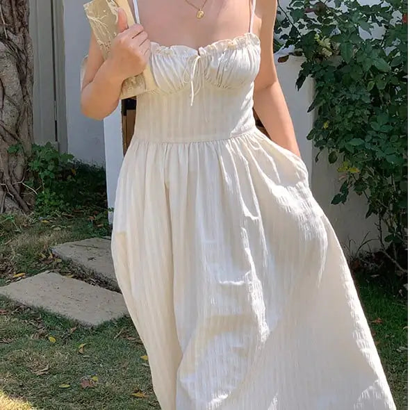 White Seaside Vacation Strap Dress for Women
